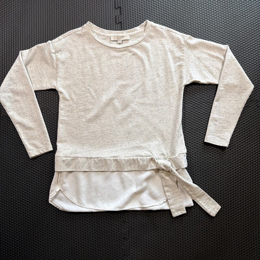 LOFT Mixed Media Layered Side Tie Top Women's Sz XS Heather Beige Gray